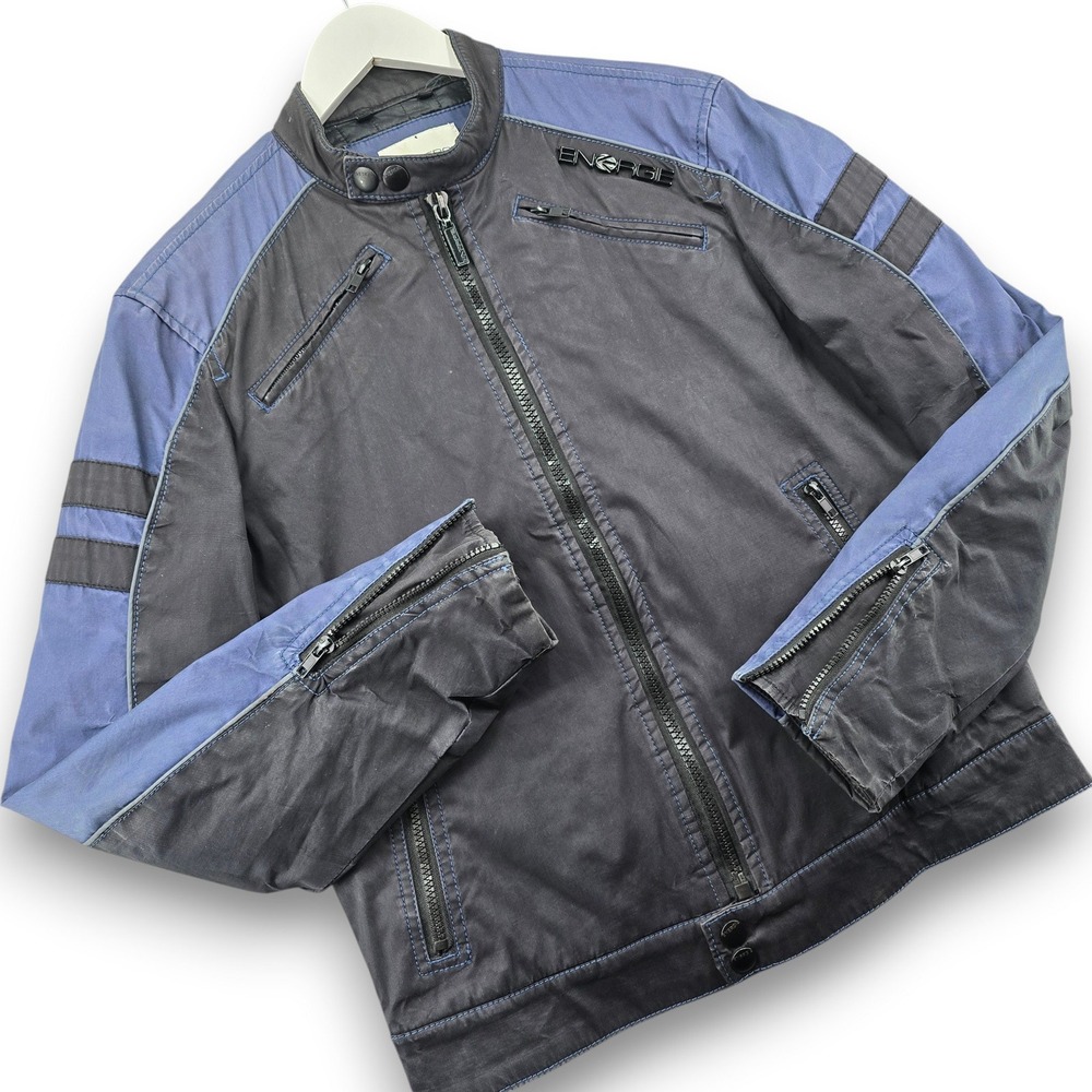 Energie Mens Moto Loues Jacket Medium Blue Cotton Colorblock Quilted Zip Pockets